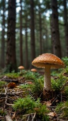 Edible mushroom in a pine forest.