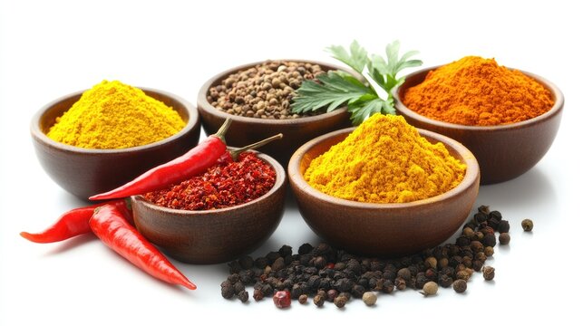 A close-up of colorful chili peppers on a white background, paired with bowls of ground spices, including paprika, turmeric, and cumin powder.