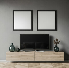 Modern entertainment center with wooden furniture, TV, and decorative vases