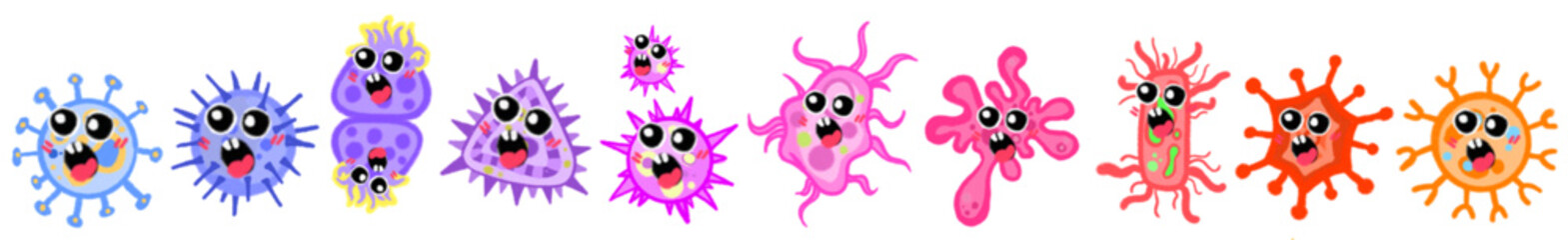 Bacteria and germ in circle. Bacterias, disease cells and germs in round frame. Human diseases cartoon vector illustration set. Bacteria biology, bacterium virus, microorganism infection