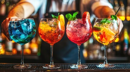 A bartender preparing colorful cocktails at a bar, showcasing mixology and nightlife