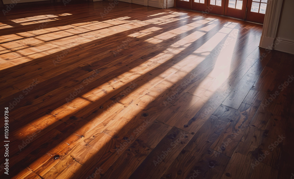 Poster room with wooden floors and a window. the floor is shining in the sun. there is a shadow on the floo
