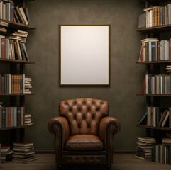 Library setting with leather armchair, bookshelves, and blank frame on the wall