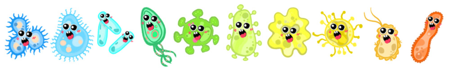 Bacteria and germ in circle. Bacterias, disease cells and germs in round frame. Human diseases cartoon vector illustration set. Bacteria biology, bacterium virus, microorganism infection