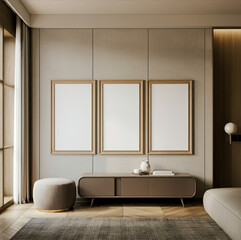 Elegant living room setup with three blank frames, stylish furniture, and decorative accents