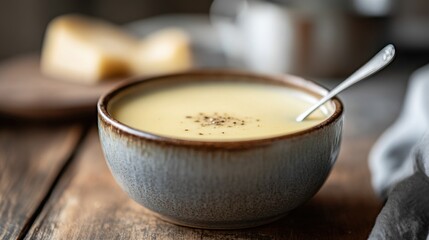 Creamy Cheese Soup Bowl, Rustic Wooden Table, Pepper Seasoning