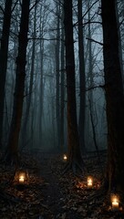 Fototapeta premium Eerie forest decorations creating a haunting ambiance.