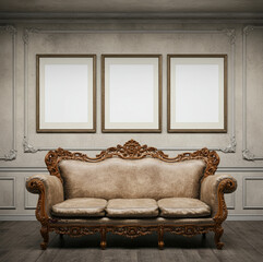 Antique sofa with three blank frames on a vintage-style wall