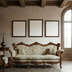 Rustic sofa with ornate detailing and blank frames on a textured wall