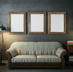 Cozy Living Room with Three Rustic Wooden Frames Above Comfortable Sofa