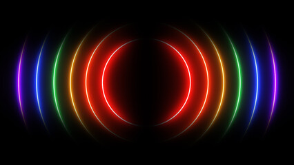 Rainbow neon background of glowing sound waves. Vibrant audio waves, audio waveform. Future technology, innovations, and AI. Radar, radio wave signal, and searching process. Radial lights.