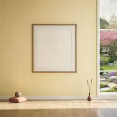 Serene Yoga Room with Blank Frame and Zen Decor Overlooking a Peaceful Garden