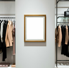 Wooden Frame in Minimalist Boutique with Stylish Clothing on Racks