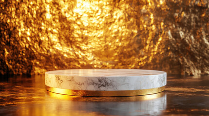 Obraz premium A sleek marble platform with a golden edge, set against a shimmering gold backdrop, creating an elegant and luxurious visual.