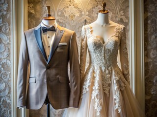 wedding dress and male suit on hangers generative ai