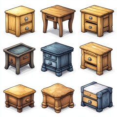 A set of various (Writing Desk Cartoon Character Set) in full detail, isolated on a transparent background. The collection includes writing desks in cartoon style, showcasing playful features