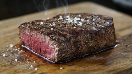 A close-up shot of a beautifully marbled steak on a wooden cutting board, glistening with a sprinkle of salt and pepper, ready for grilling, showcasing the quality of fresh meat.