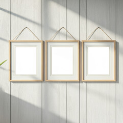 Three Wooden Hanging Frames on Bright White Wall Illuminated by Natural Light