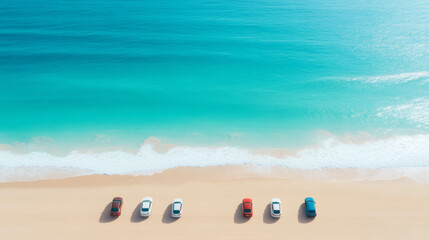 Aerial view of colorful cars parked on a beautiful sandy beach near turquoise ocean waves, perfect for summer vacation
