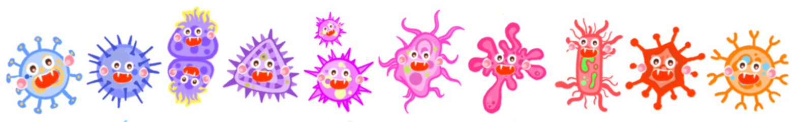 Bacteria and germ in circle. Bacterias, disease cells and germs in round frame. Human diseases cartoon vector illustration set. Bacteria biology, bacterium virus, microorganism infection