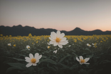 a field of white and yellow flowers