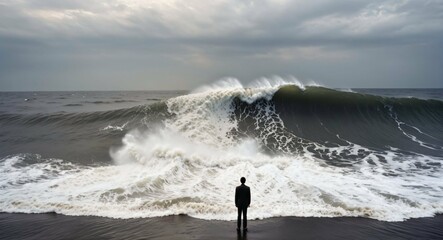 solitary figure standing on a deserted beach at the edge of the sea