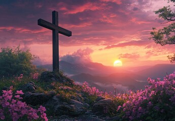 Wooden Cross on Mountain with Sunset Background