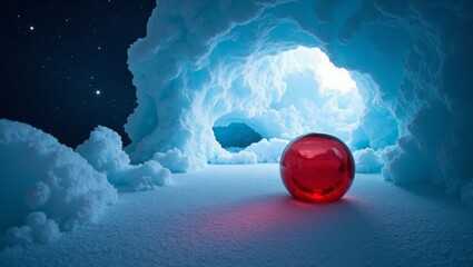 red glass globe in an icecave at night