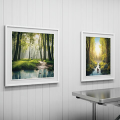 Scenic Nature Prints in White Frames Mounted on Clean Modern Wall