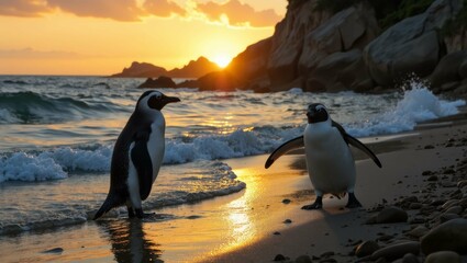 penguins at the beach at sunset