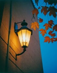 illuminated wall-mounted lighting fixture at autumn