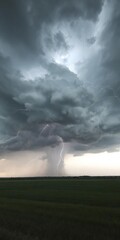 Dramatic supercell storm cloud forming over the horizon, ominous dark clouds filled with lightning bolts and swirling motion, weather phenomenon, danger