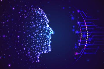 Digital particle technology face for artificial intelligence concept illustration background