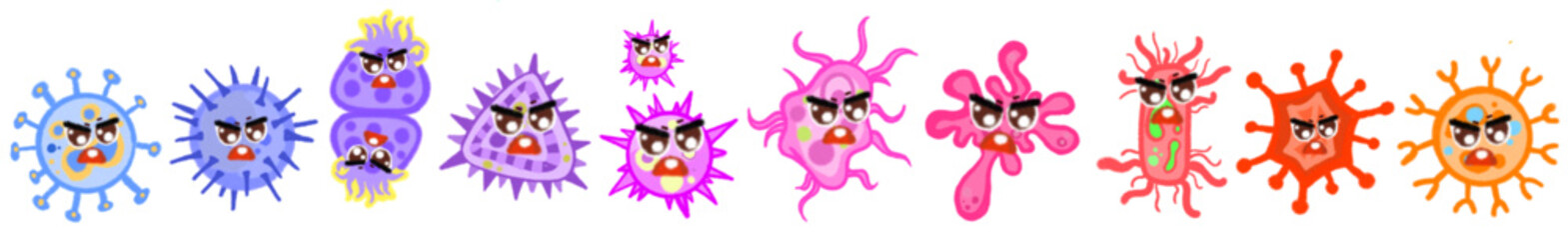 Bacteria and germ in circle. Bacterias, disease cells and germs in round frame. Human diseases cartoon vector illustration set. Bacteria biology, bacterium virus, microorganism infection