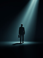 Obraz premium Lone Businessman Standing in Spotlight with Briefcase