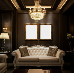Classic Living Room with Dark Walls, White Sofa, and Ornate Golden Frames Under Lighting