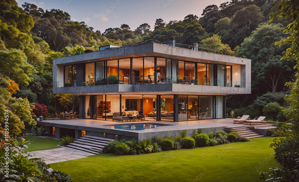 Aufkleber large house with a pool and a large lawn. the house has a lot of windows and a balcony