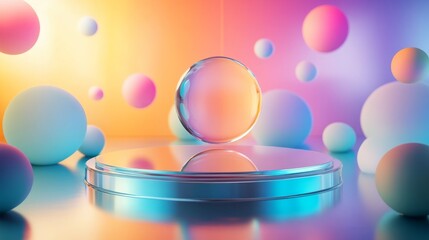 Obraz premium A mirrored glass podium with gradient-colored spheres floating in the background 
