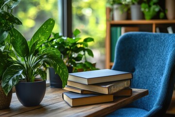 soothing workspace with burnout break theme, featuring a cozy chair, books, and green plants creating a serene setting for text placement