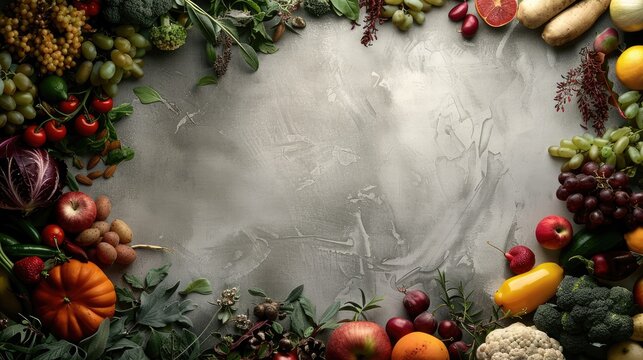 Arrangement of whole foods around an image with grey background and space for text