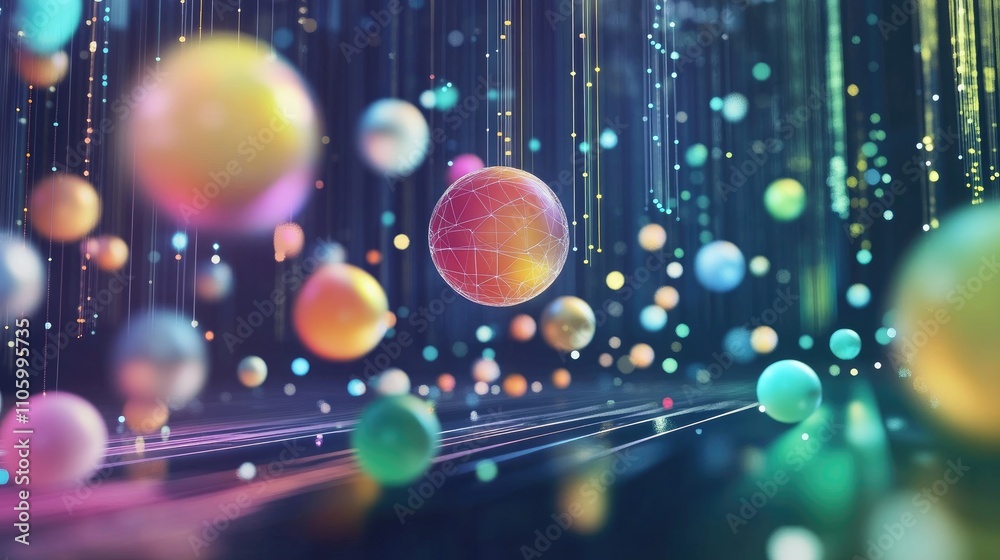 Poster a colorful 3d bubble chart with varying-sized spheres representing different data points, floating d