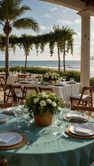 Fototapeta premium Elegant beachside dining with greenery accents.