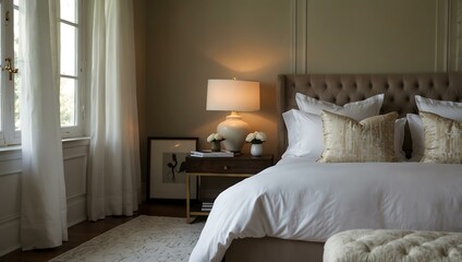 Elegant bed with white linens.