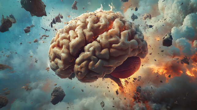 Human brain exploding under pressure surrounded by fire and rocks, representing mental breakdown, stress, burnout and anxiety