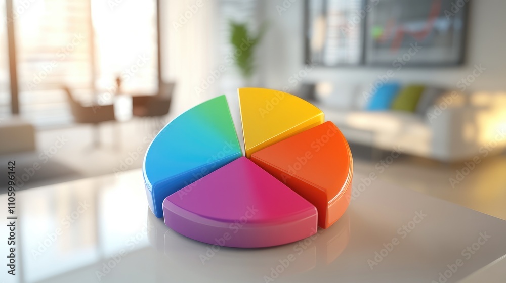 Poster a colorful 3d pie chart vividly displaying market share distribution, with labeled segments and dyna