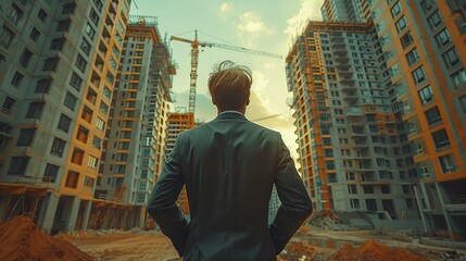 A businessman stands against a backdrop of modern skyscrapers