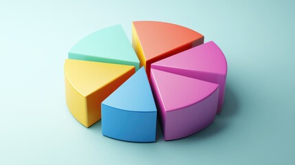 Obraz premium A colorful 3D pie chart with vibrant slices emerging from a circular base, casting realistic shadows on a smooth background, representing clear data divisions