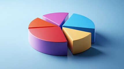 Fototapeta premium A colorful 3D pie chart with vibrant slices emerging from a circular base, casting realistic shadows on a smooth background, representing clear data divisions