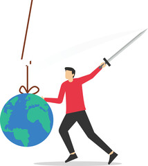 World economic crisis. Scissors to cut the rope, that hangs the globe. Vector illustration.

