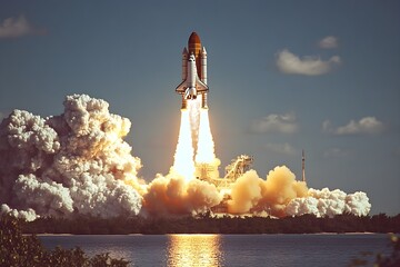 This is a great photo of the space shuttle launching from the launch pad, emitting huge smoke and powerful fire.